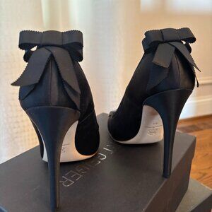 Kurt Geiger black satin heels with bow details on the back/jewels on the front